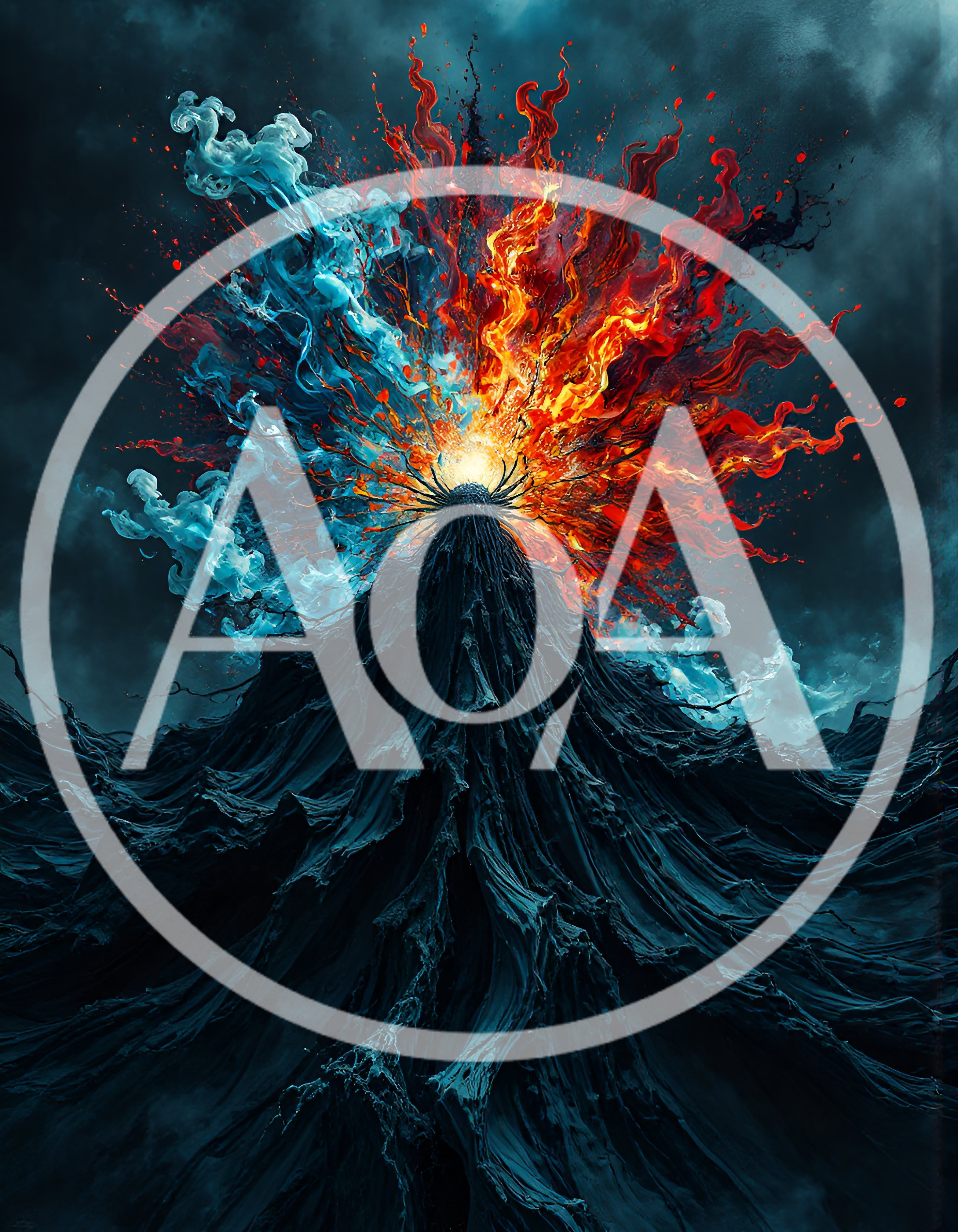 Abstract Dark Mountain Erupting With Fire And Ice