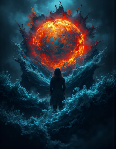 Woman Standing Before A Massive Fiery Celestial Sphere