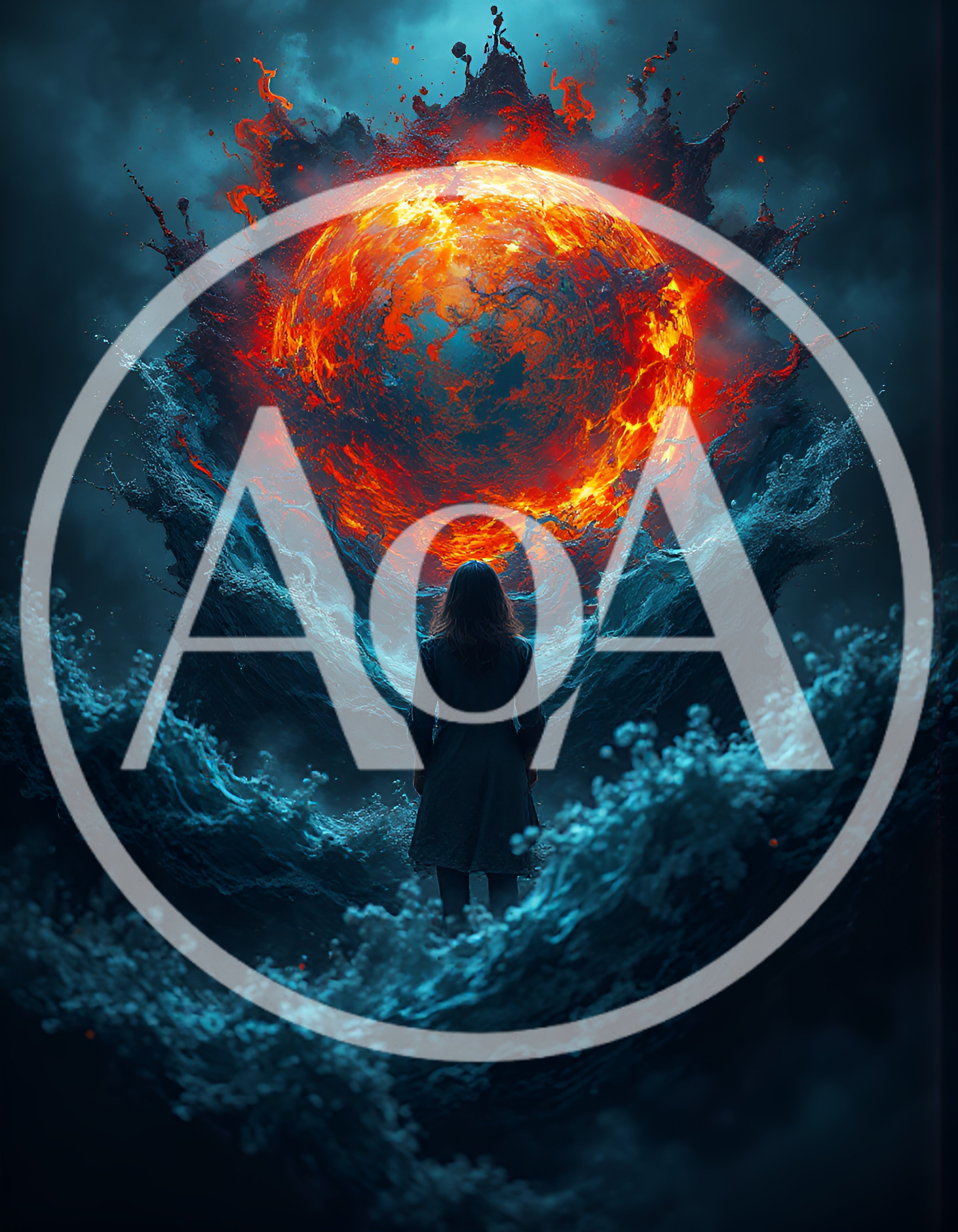 Woman Standing Before A Massive Fiery Celestial Sphere