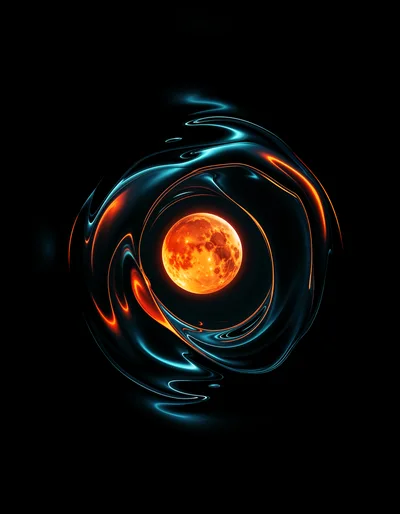 Glowing Orange Moon Surrounded By Abstract Liquid Light Waves
