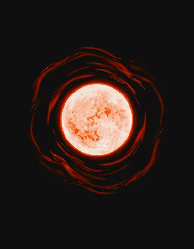 Glowing Red Moon With Abstract Liquid Energy Waves