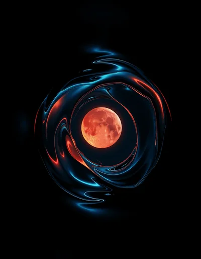 Abstract Red Moon Surrounded By Liquid Blue Swirls