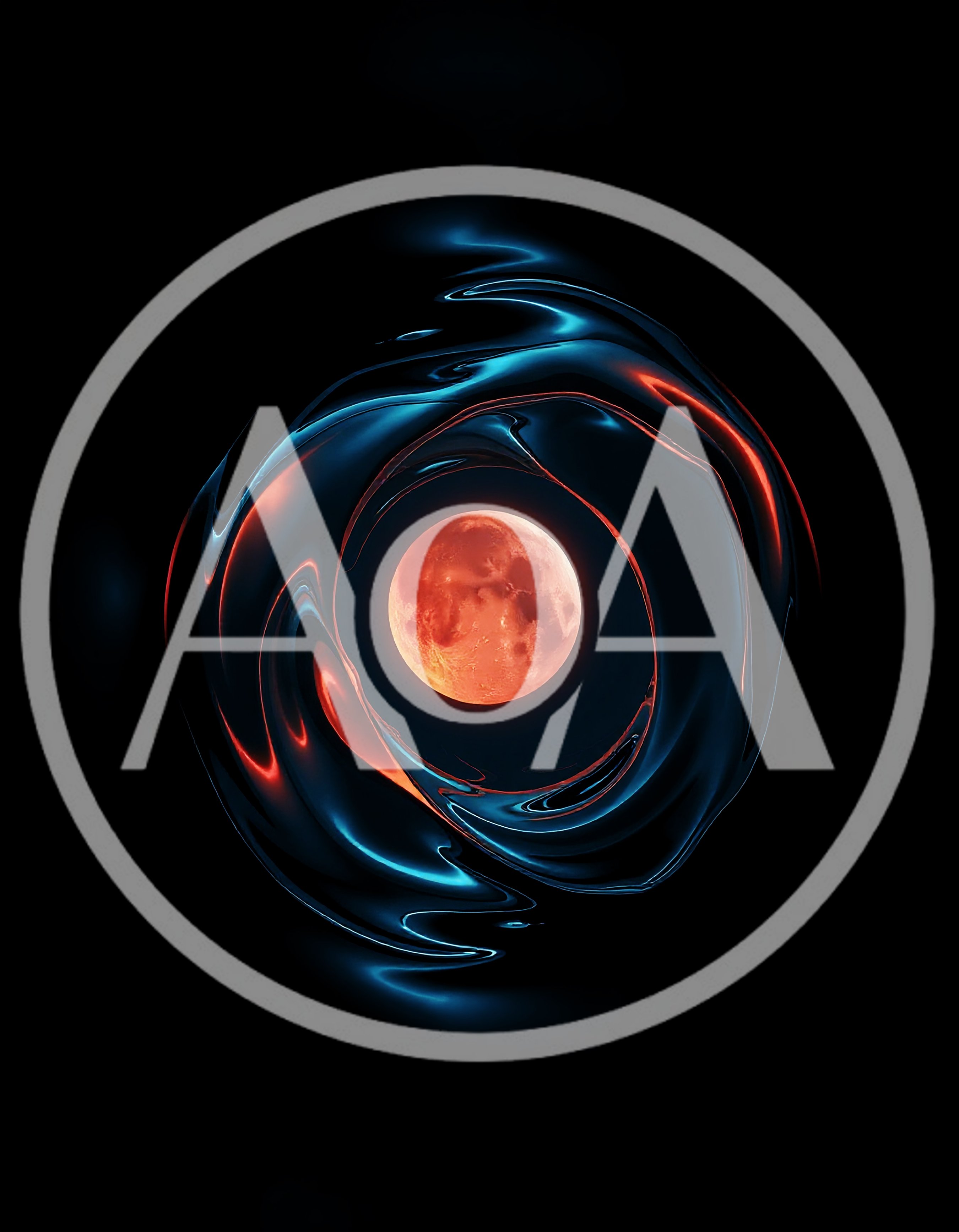 Abstract Red Moon Surrounded By Liquid Blue Swirls