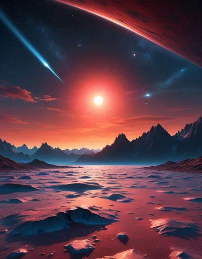 Surreal Alien Landscape With Red Sun And Mountains