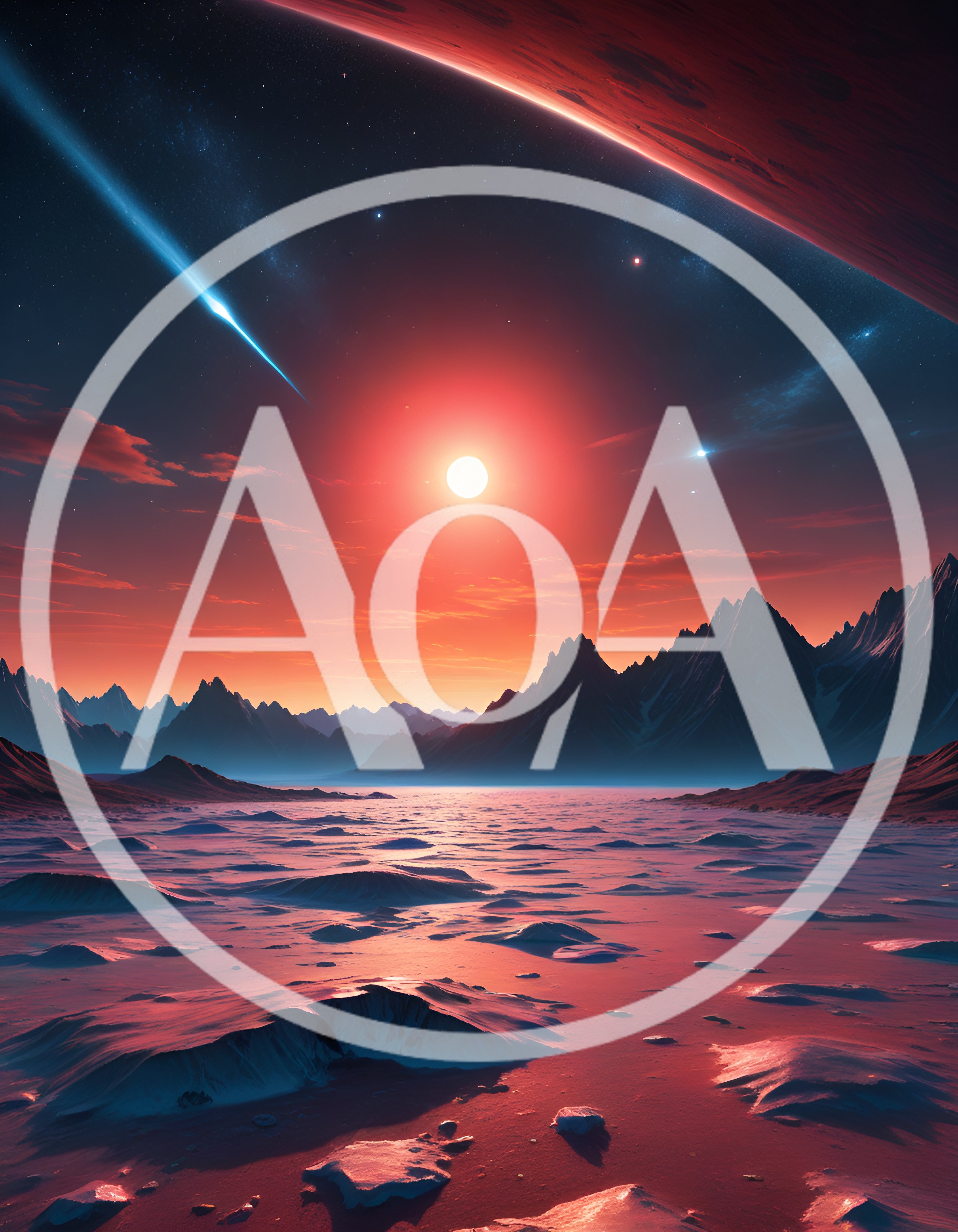 Surreal Alien Landscape With Red Sun And Mountains