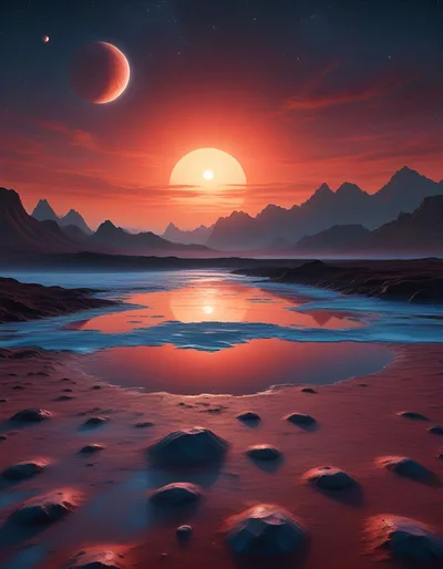 Surreal Alien Landscape With Twin Moons And Sun