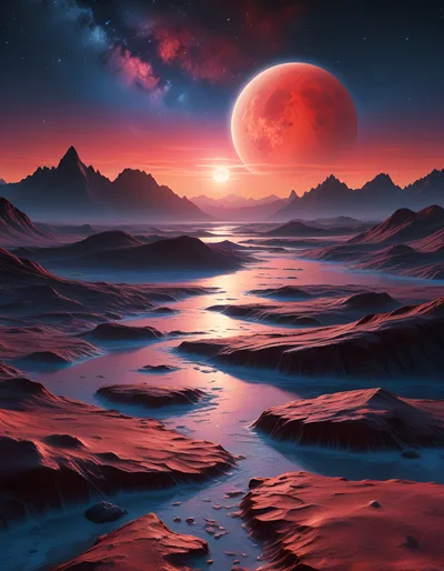 Surreal Alien Landscape With Red Planet And Milky Way