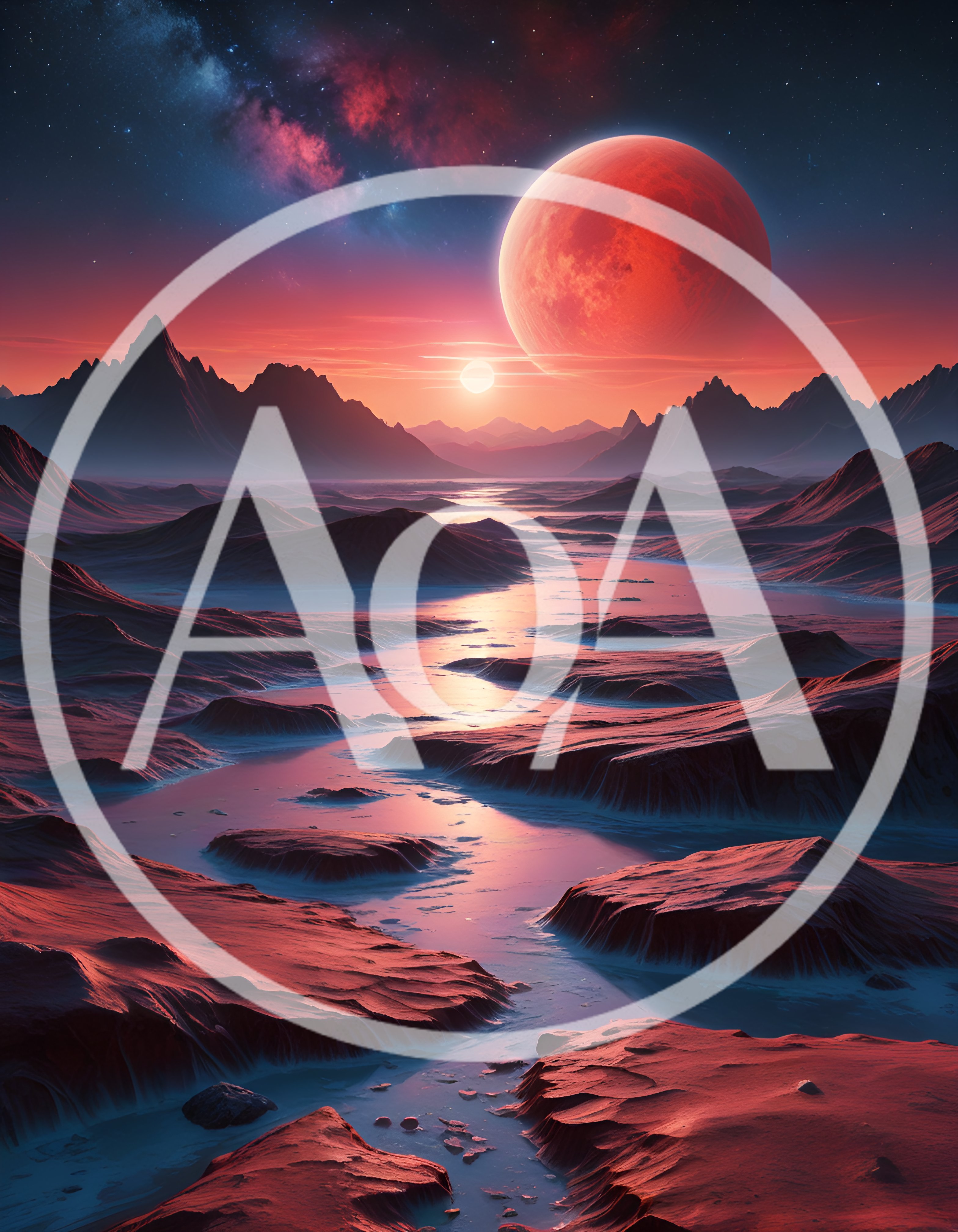 Surreal Alien Landscape With Red Planet And Milky Way