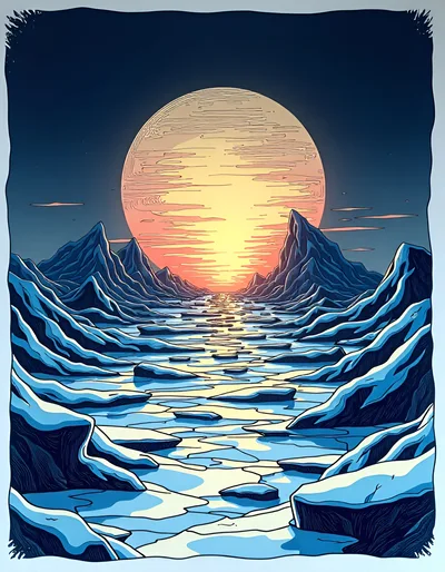 Stylized Illustration Of A Frozen Arctic Landscape At Sunset