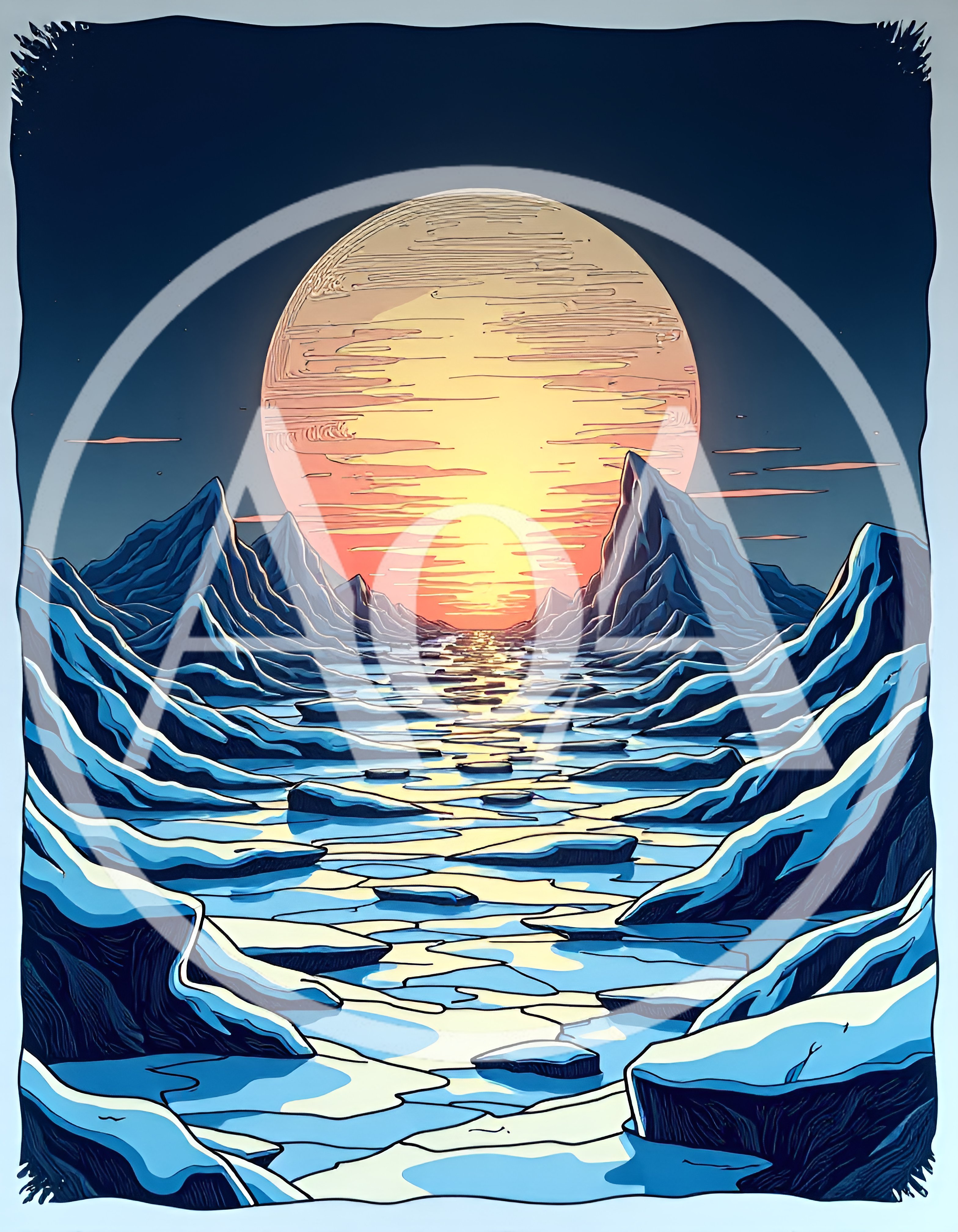 Stylized Illustration Of A Frozen Arctic Landscape At Sunset