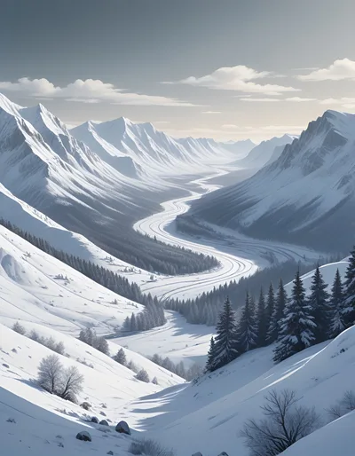 Winding Road Through A Snowy Mountain Valley