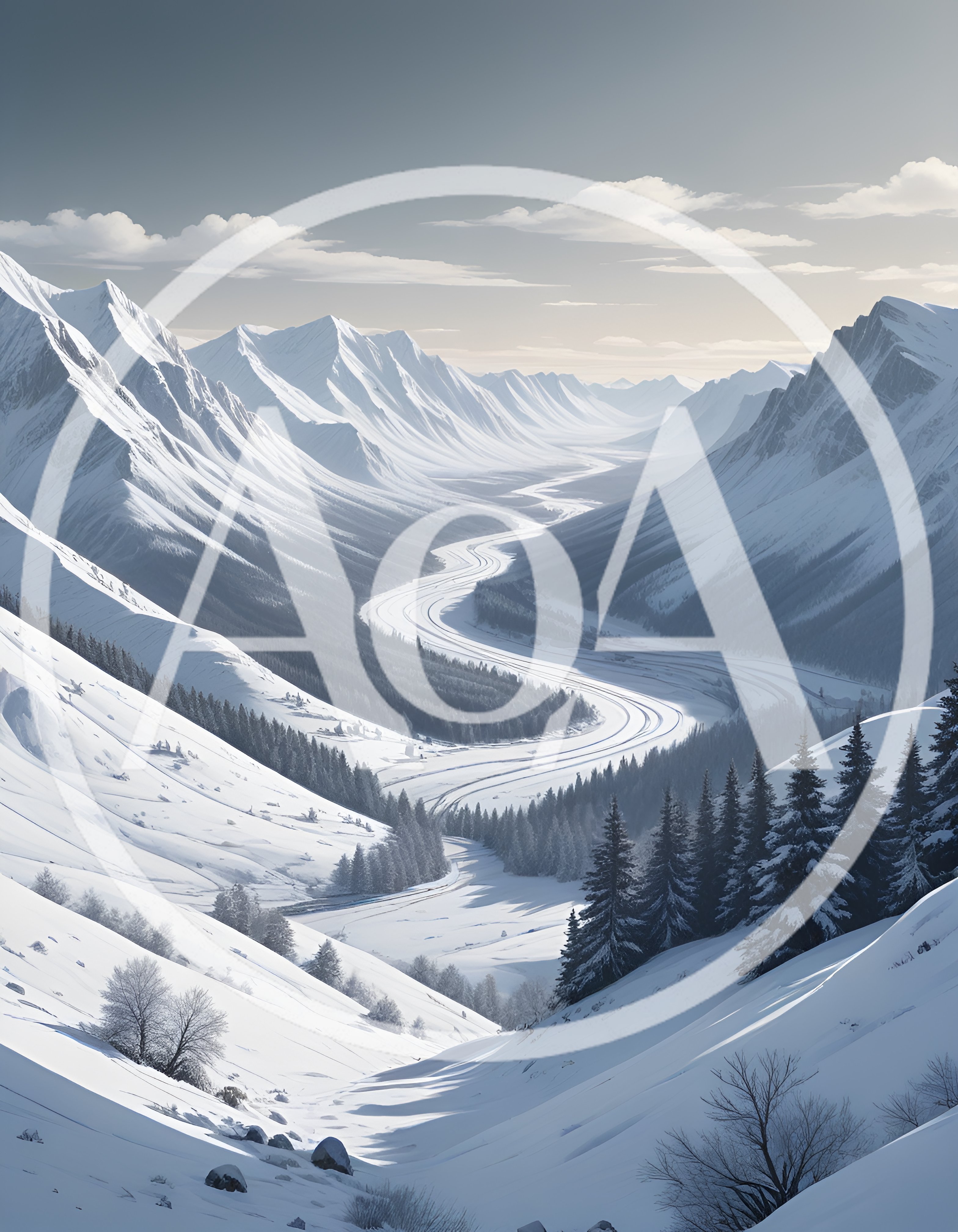 Winding Road Through A Snowy Mountain Valley