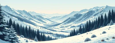 Panoramic View Of Snowy Mountain Valley With Pine Forest