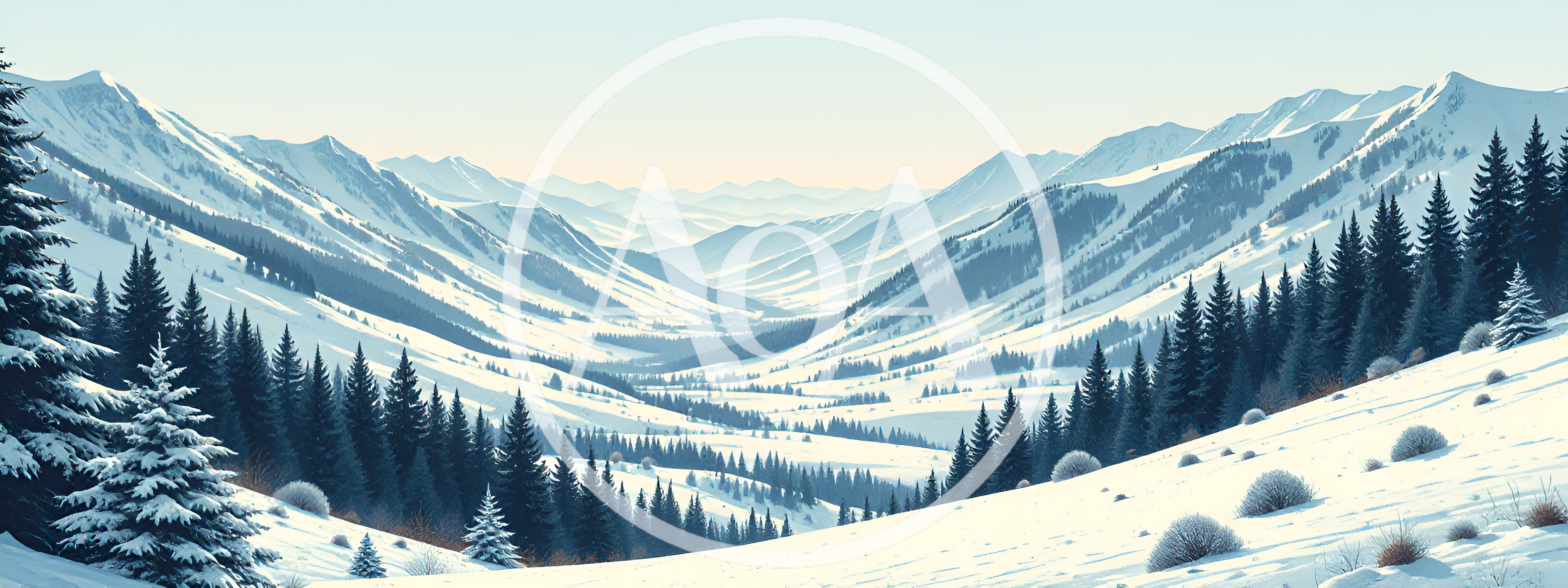 Panoramic View Of Snowy Mountain Valley With Pine Forest