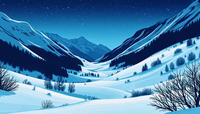 Snowy Mountain Valley Landscape Under Starry Night Sky