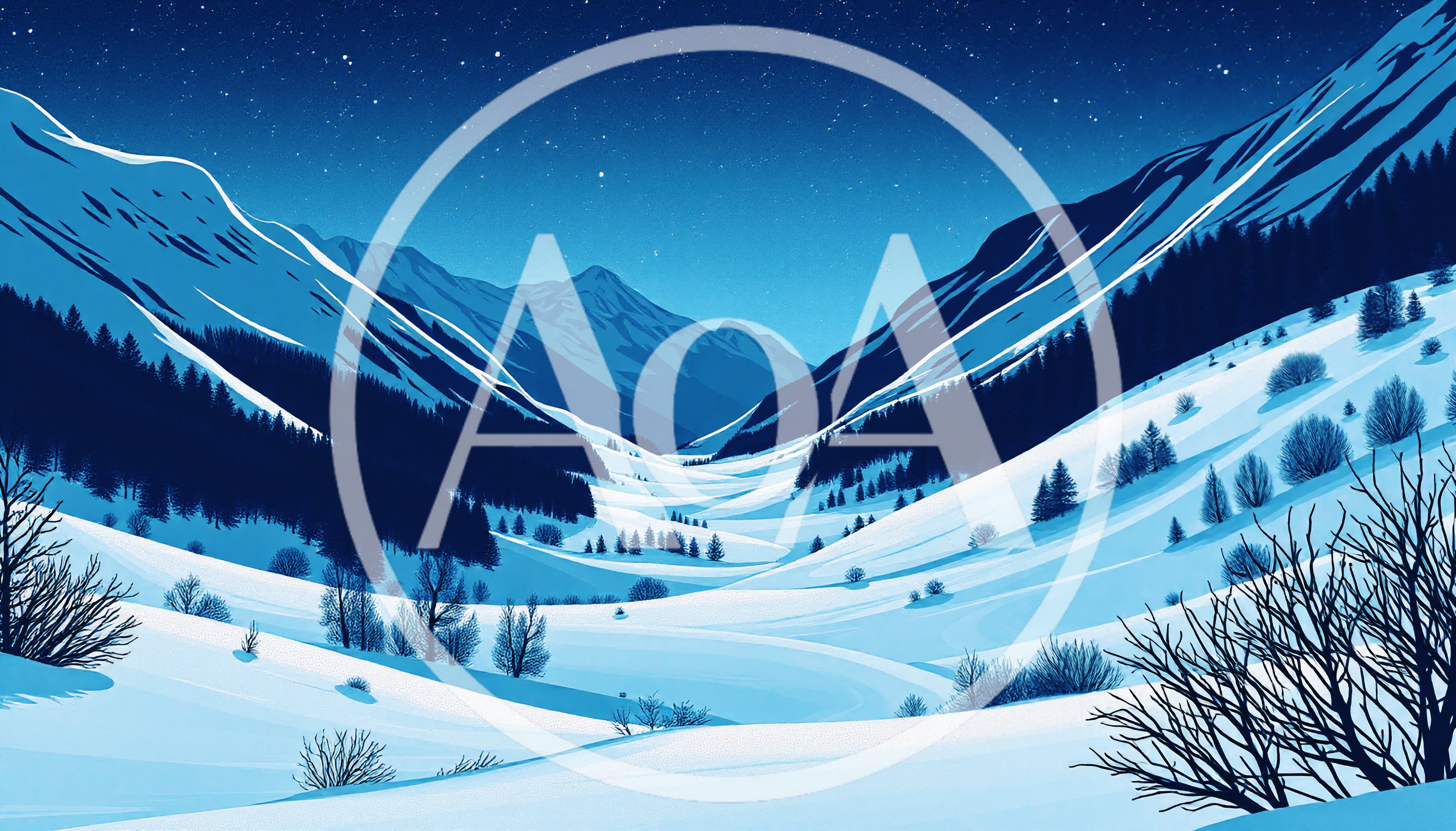 Snowy Mountain Valley Landscape Under Starry Night Sky