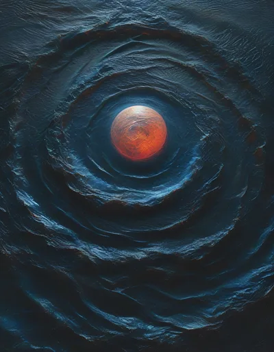 Glowing Red Sphere In Dark Concentric Ripples
