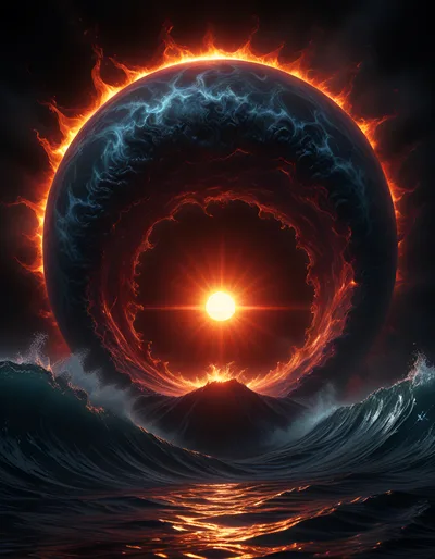 Surreal Cosmic Eclipse Over Turbulent Ocean Waves