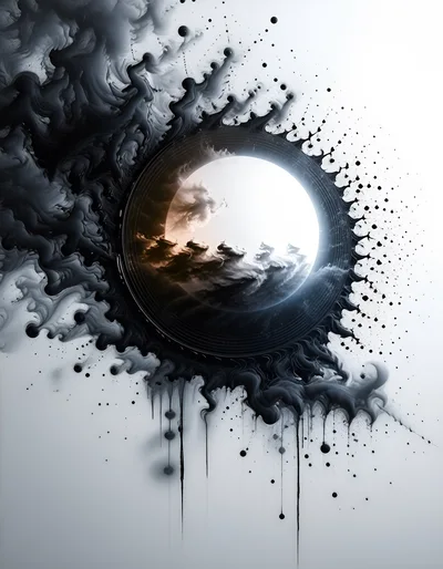 Abstract Circular Portal With Swirling Black Ink Clouds