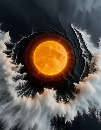 Surreal Glowing Sun Emerging From Dark Ocean Waves