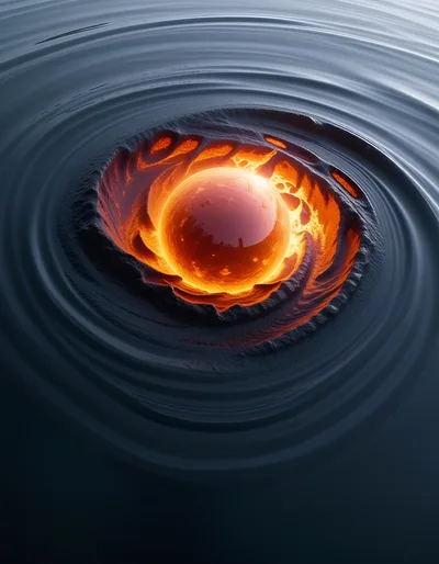 Glowing Molten Sphere Creating Ripples In Dark Liquid