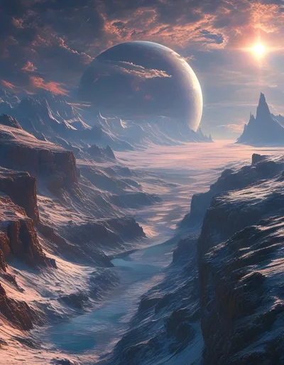Surreal Alien Landscape With Massive Planet And Mountain Valley