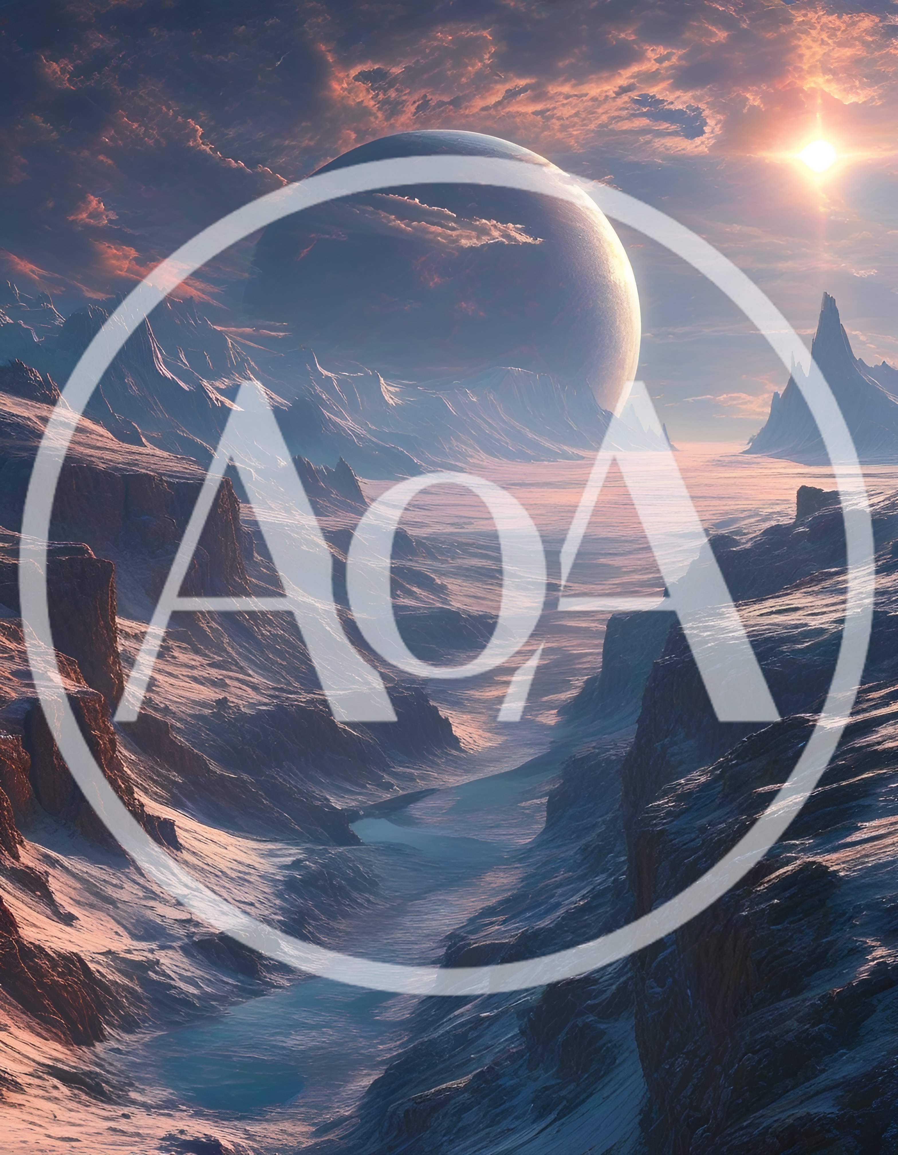 Surreal Alien Landscape With Massive Planet And Mountain Valley