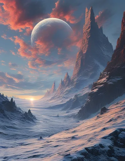 Surreal Alien Landscape With Giant Moon And Mountains