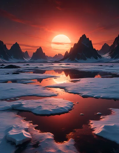 Surreal Alien Landscape With Red Sun Over Icy Mountains