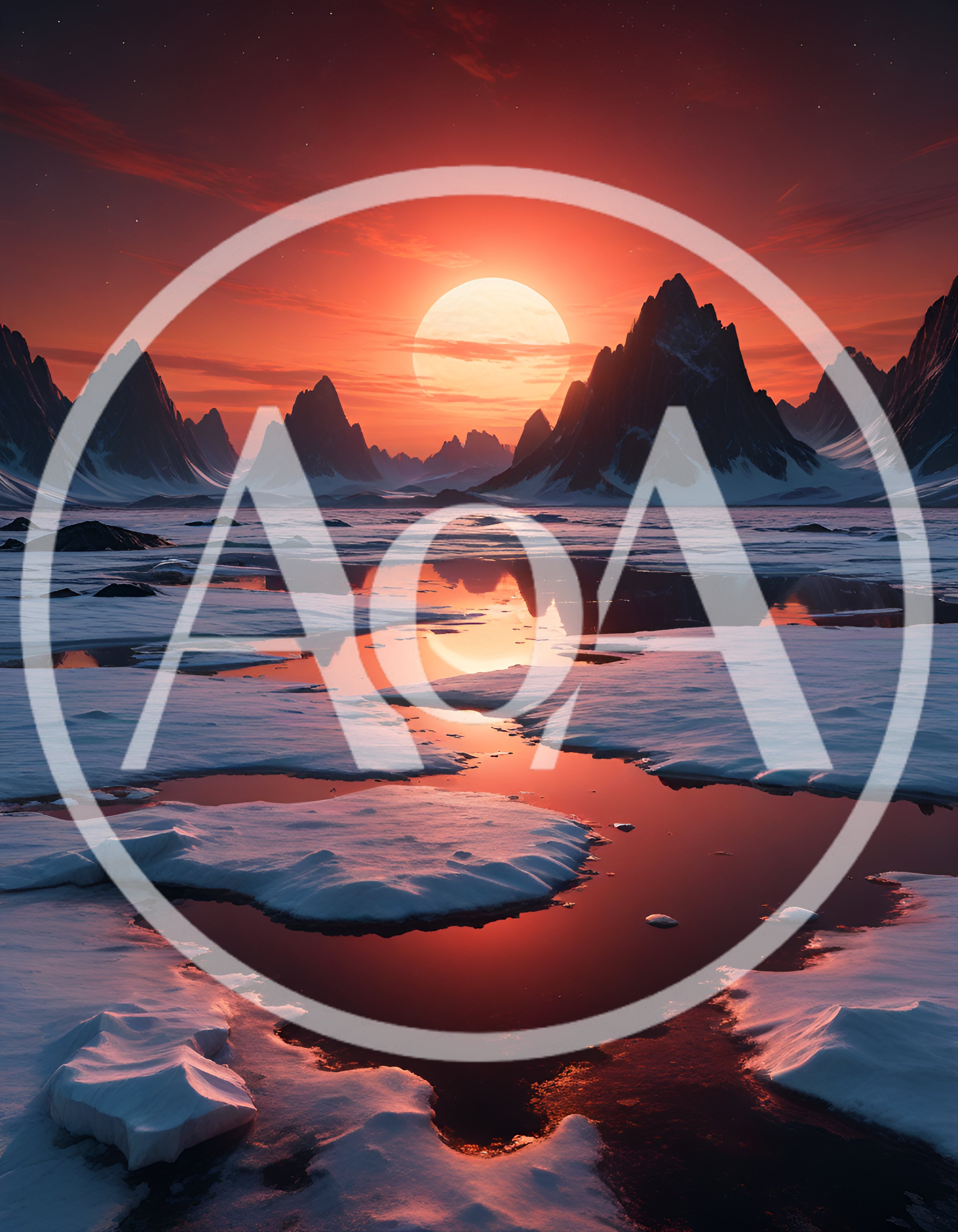 Surreal Alien Landscape With Red Sun Over Icy Mountains