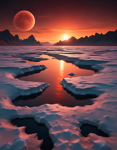 Surreal Alien Landscape With Frozen Lake And Twin Celestial Bodies