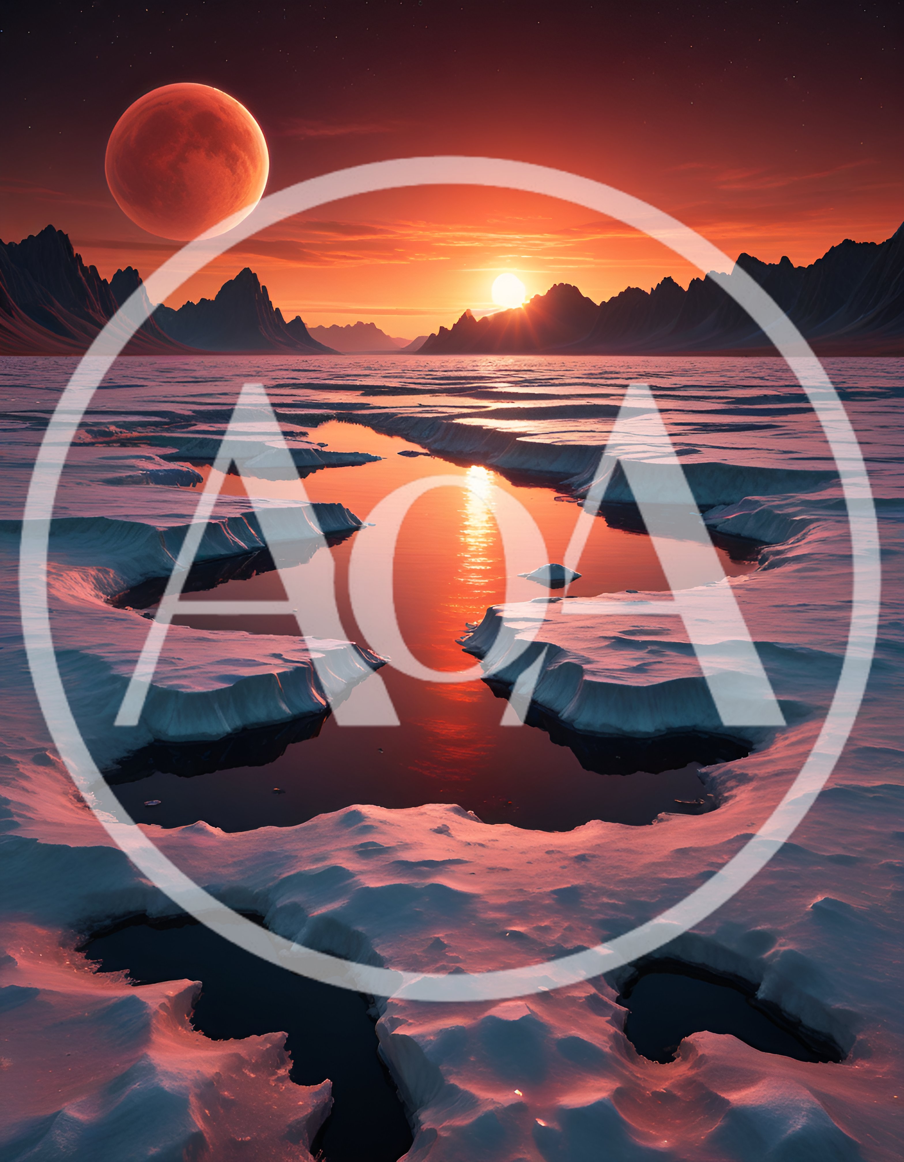 Surreal Alien Landscape With Frozen Lake And Twin Celestial Bodies