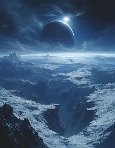 Cinematic Alien Landscape With A Large Dark Planet