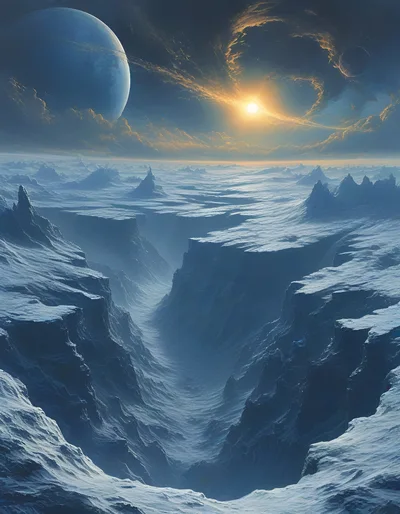 Surreal Alien Landscape With Deep Canyons And Distant Planets