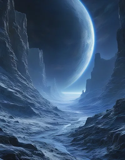 Alien Planet Landscape With Massive Crescent Moon