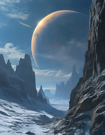 Alien Landscape With Massive Planet And Jagged Mountains