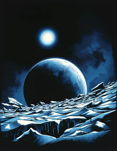Surreal Frozen Alien Landscape With Large Planet