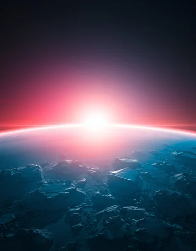Cinematic Sunrise Over A Frozen Alien Planet Surface