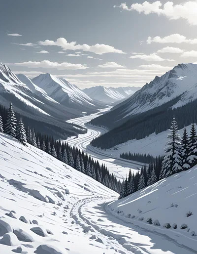 Snowy Mountain Valley With Winding Road