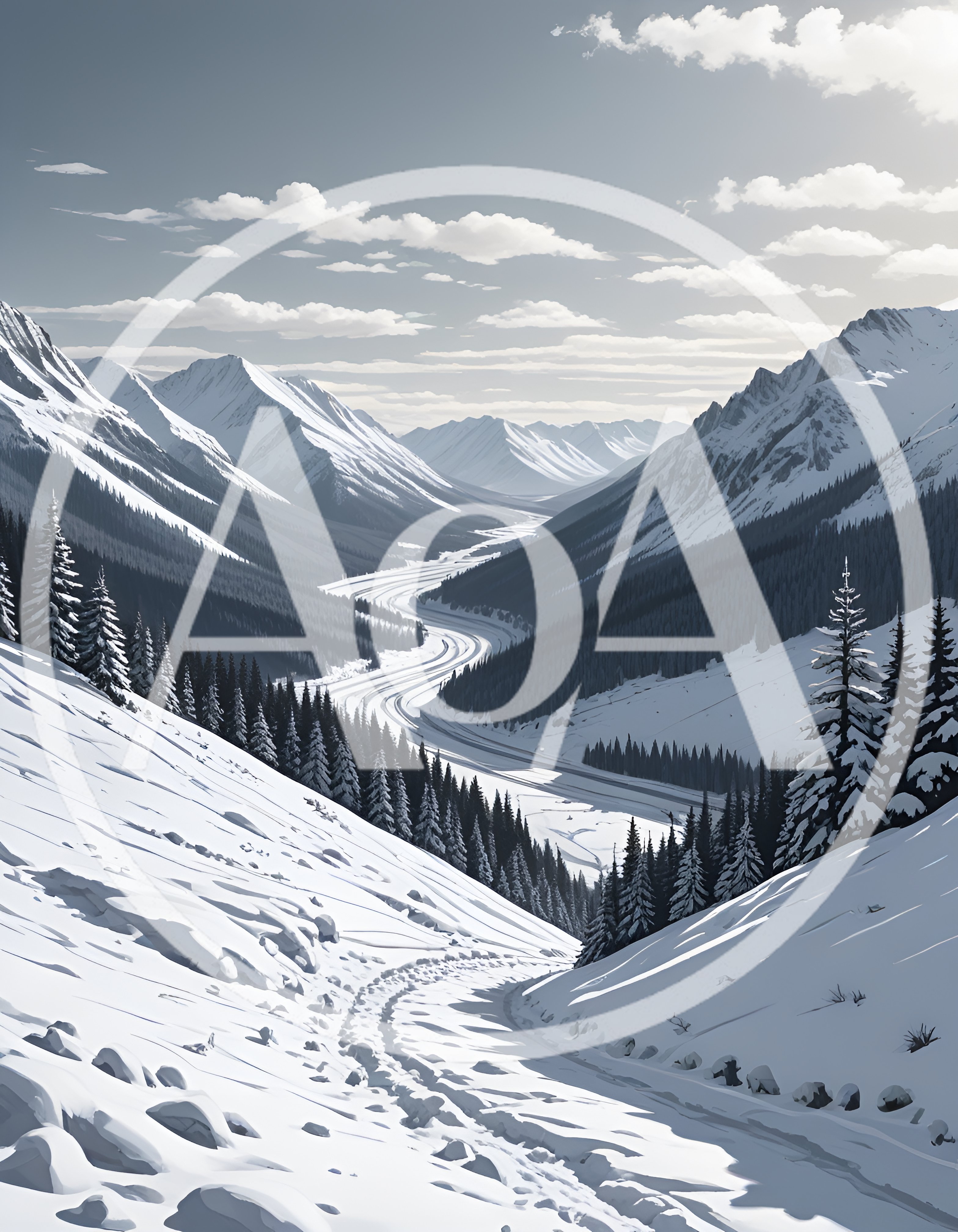 Snowy Mountain Valley With Winding Road