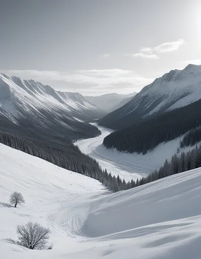 Snow Covered Mountain Valley With Pine Forest