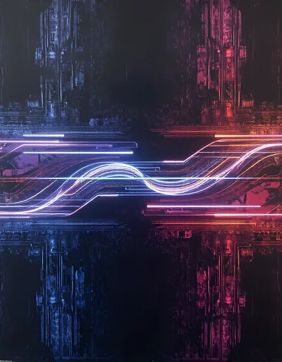 Abstract Digital Light Trails With Cyberpunk City Background