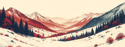 Panoramic Winter Mountain Landscape With Red Foliage