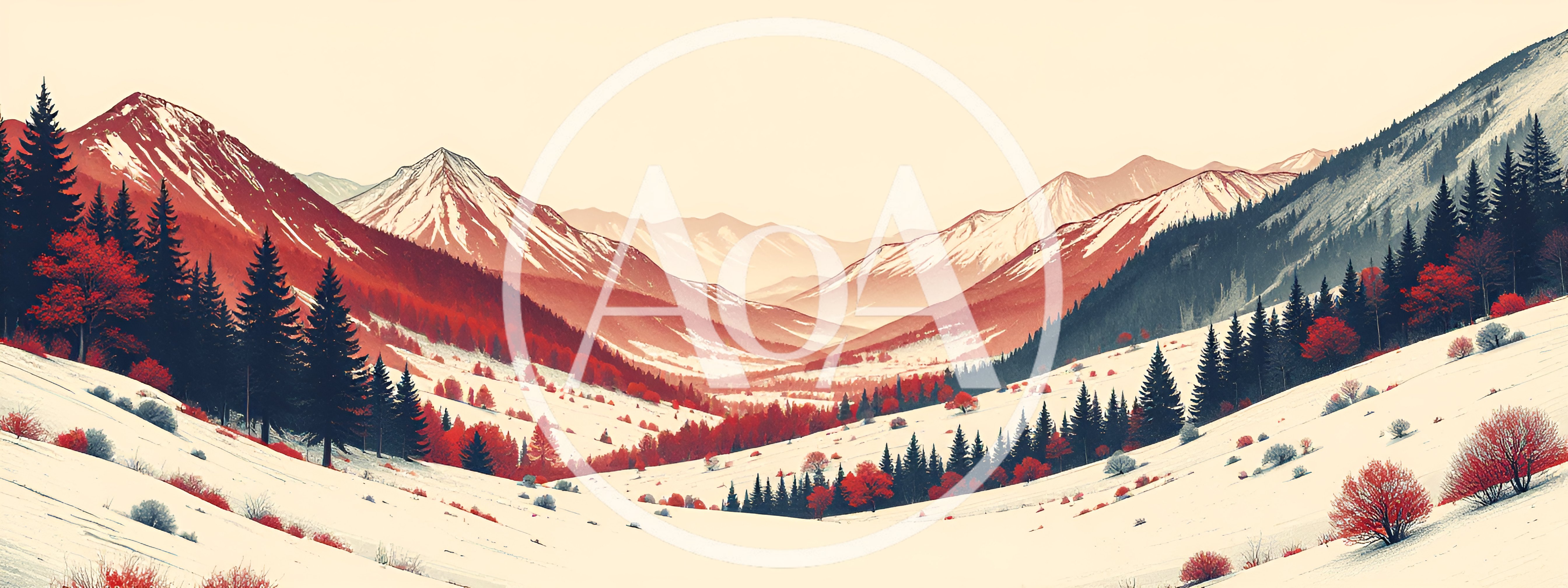 Panoramic Winter Mountain Landscape With Red Foliage