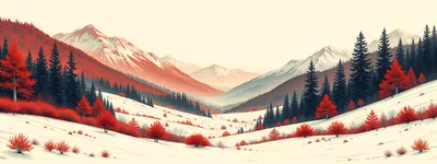 Winter Mountain Landscape With Red Autumn Trees