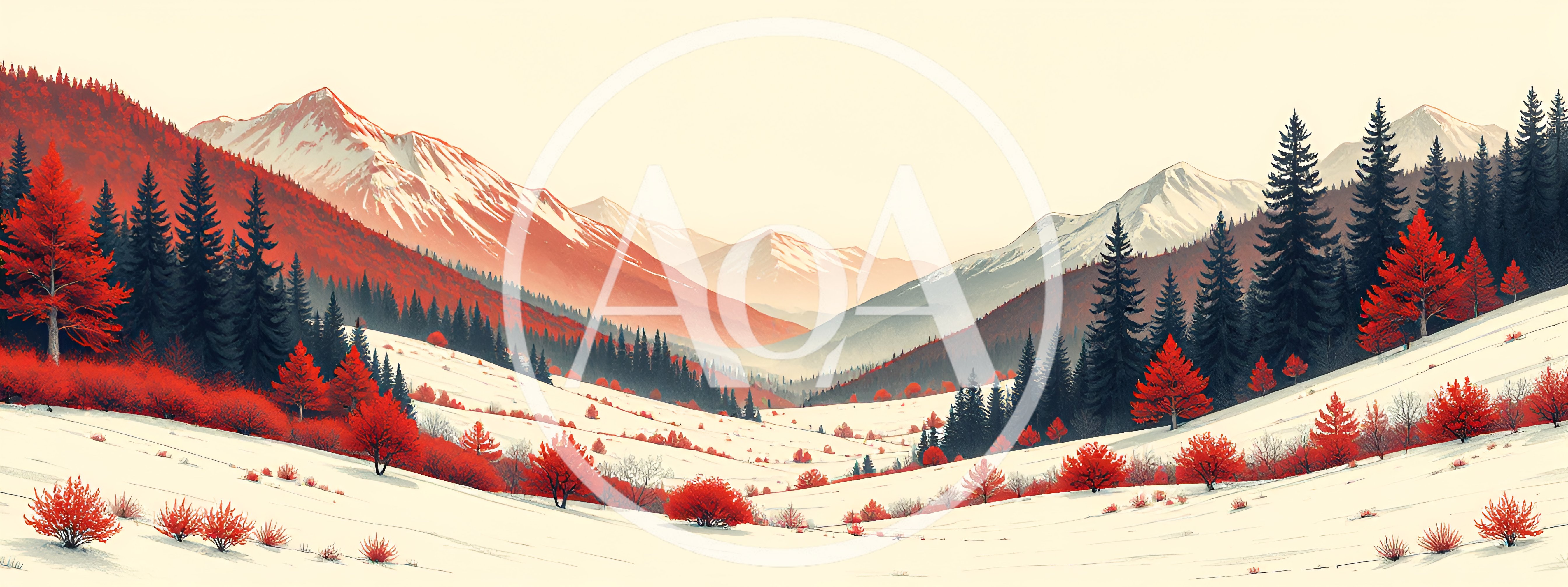 Winter Mountain Landscape With Red Autumn Trees