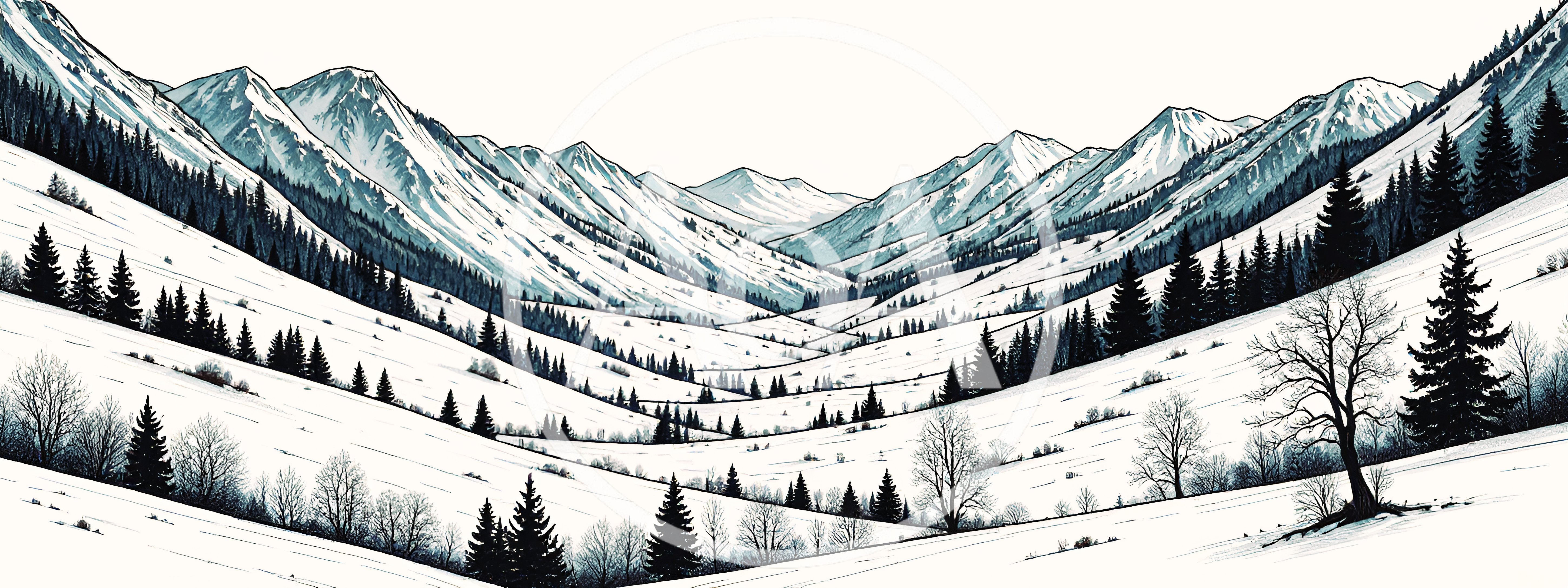 Snowy Mountain Valley Landscape Illustration