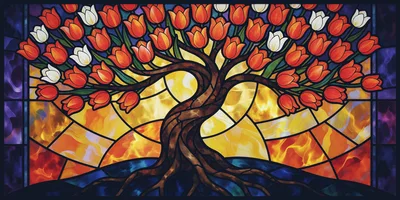 Stained Glass Tree With Vibrant Orange And White Tulips