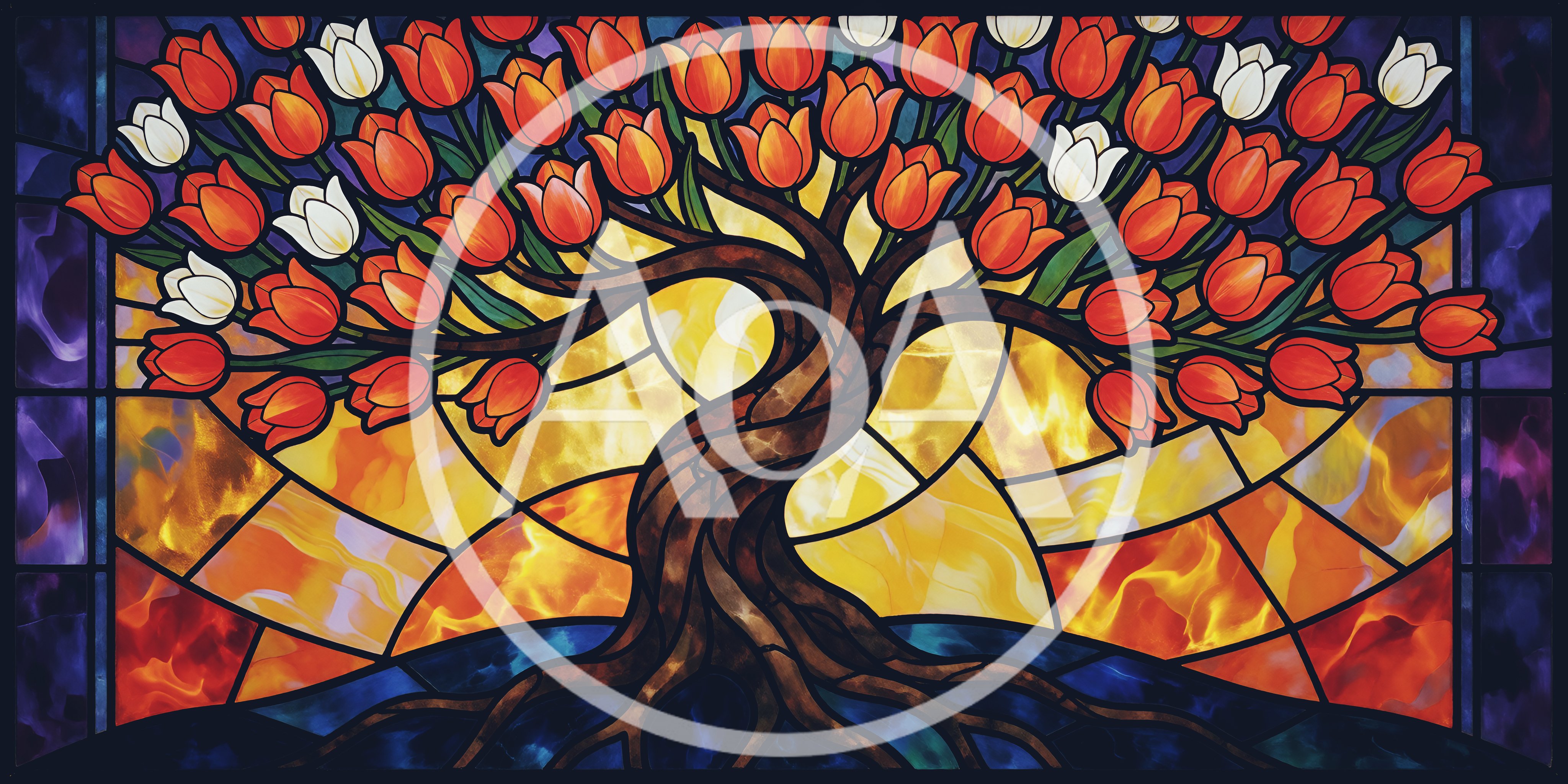 Stained Glass Tree With Vibrant Orange And White Tulips