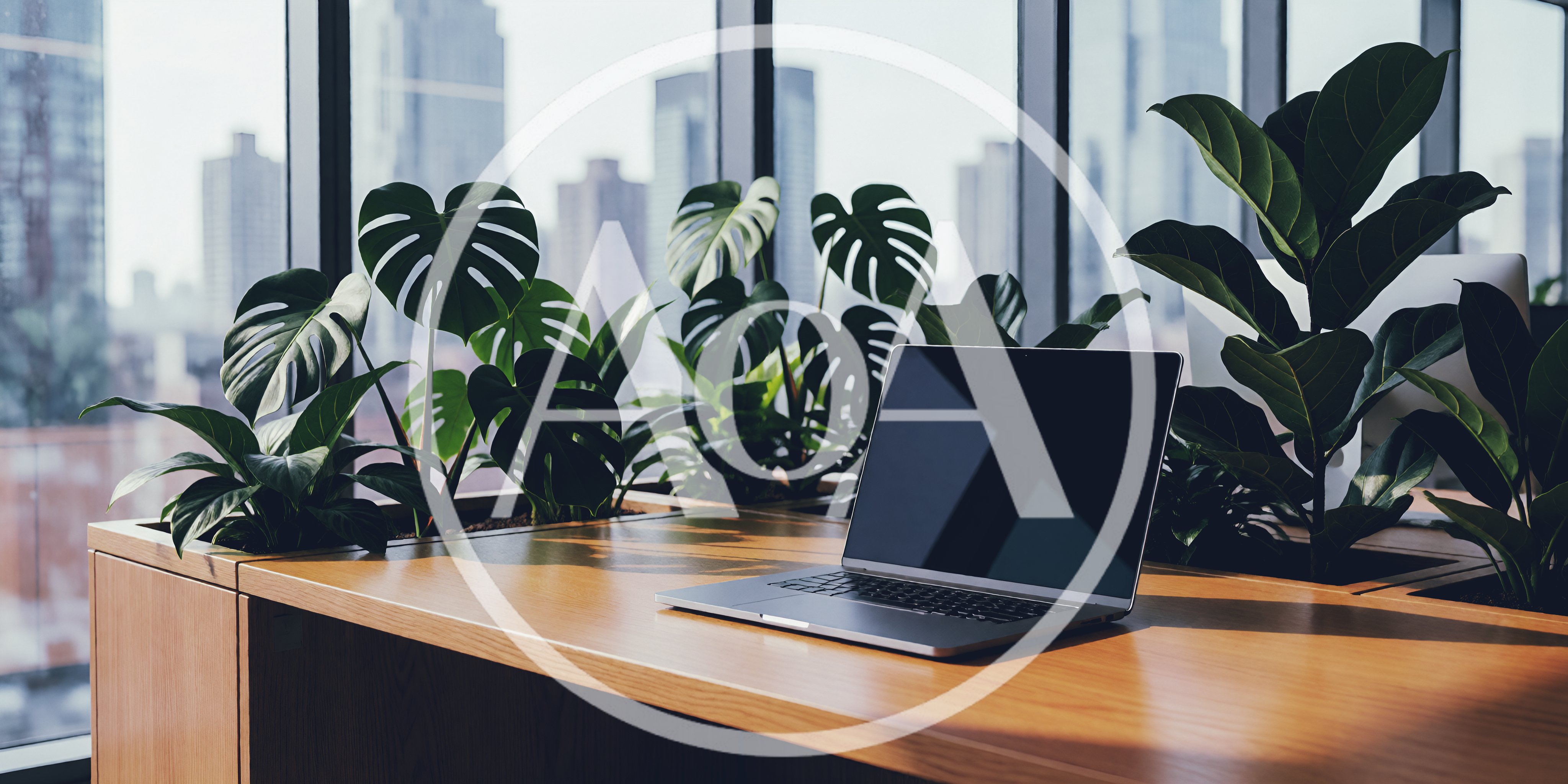 Modern Laptop On Wooden Desk In Sunny Office
